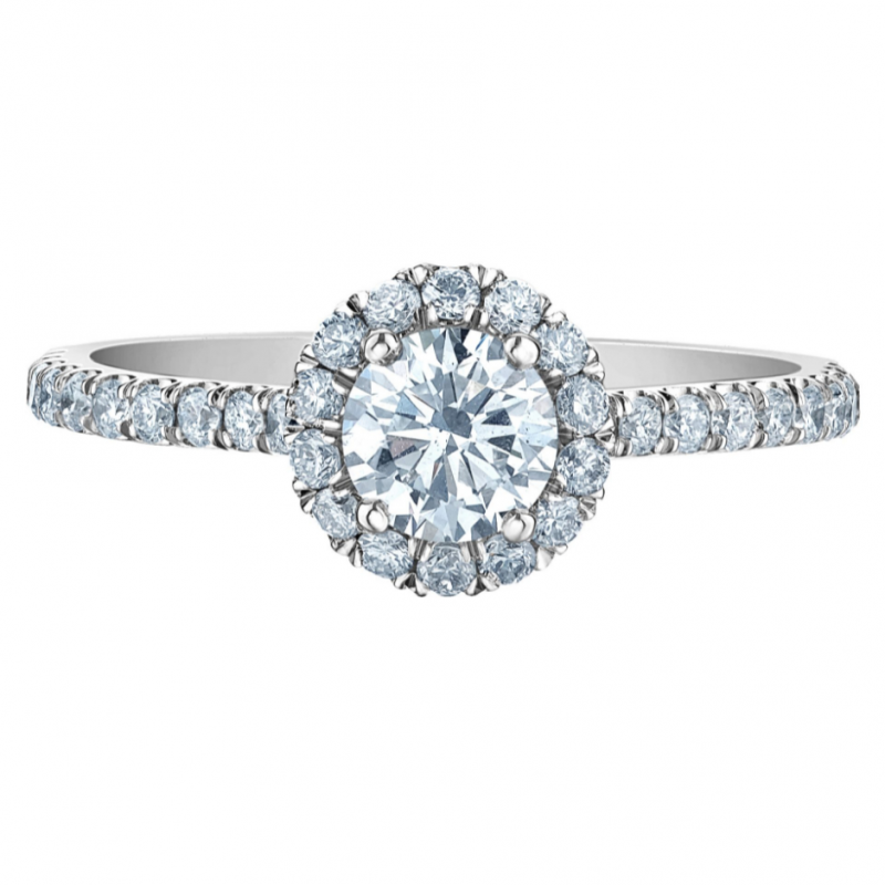 diamondevolution R31160WG/84 Crafted in 14kt white Canadian Certified Gold, this exquisite engagement ring scintillates with a go